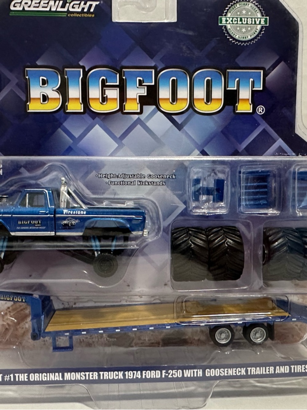 Bigfoot 1974 Ford F-250 Monster Truck Playset – Blue with Gooseneck Trailer